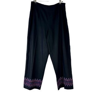 Dressbarn Linen Blend Black Boho Embroidered Capri Pants Womens 4P Retro Chic
